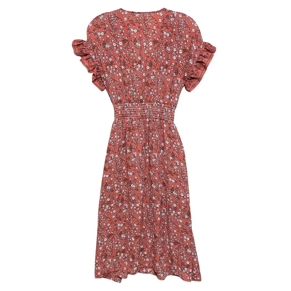Max Studio Floral Prairie V Neck Dress S Ruffle Sleeves Cottage Smocked Belt Bow - Picture 2 of 9